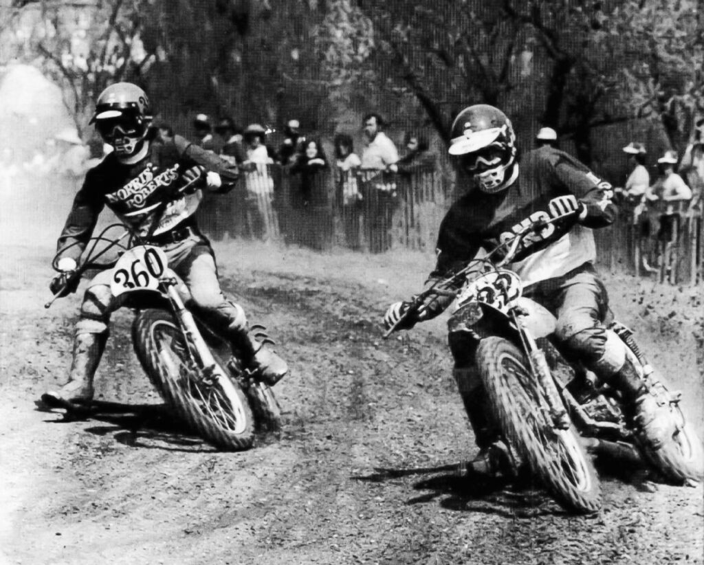 Marty Smith (right) 125cc National at Hangtown in 1974.