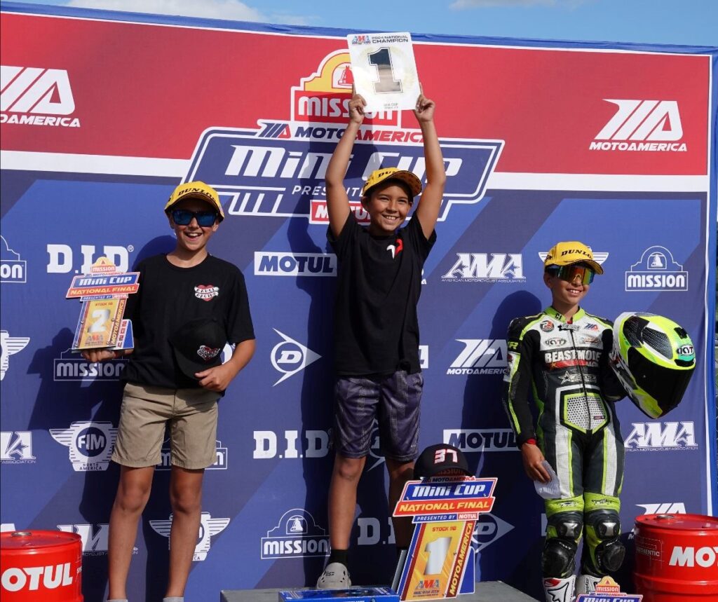 Stock 110 podium at 2024 MotoAmerica Mini Cup National Championships