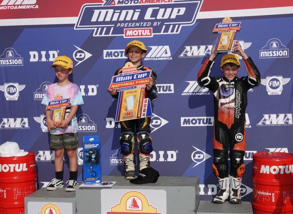 Stock 50 podium at 2024 MotoAmerica Mini Cup National Championships