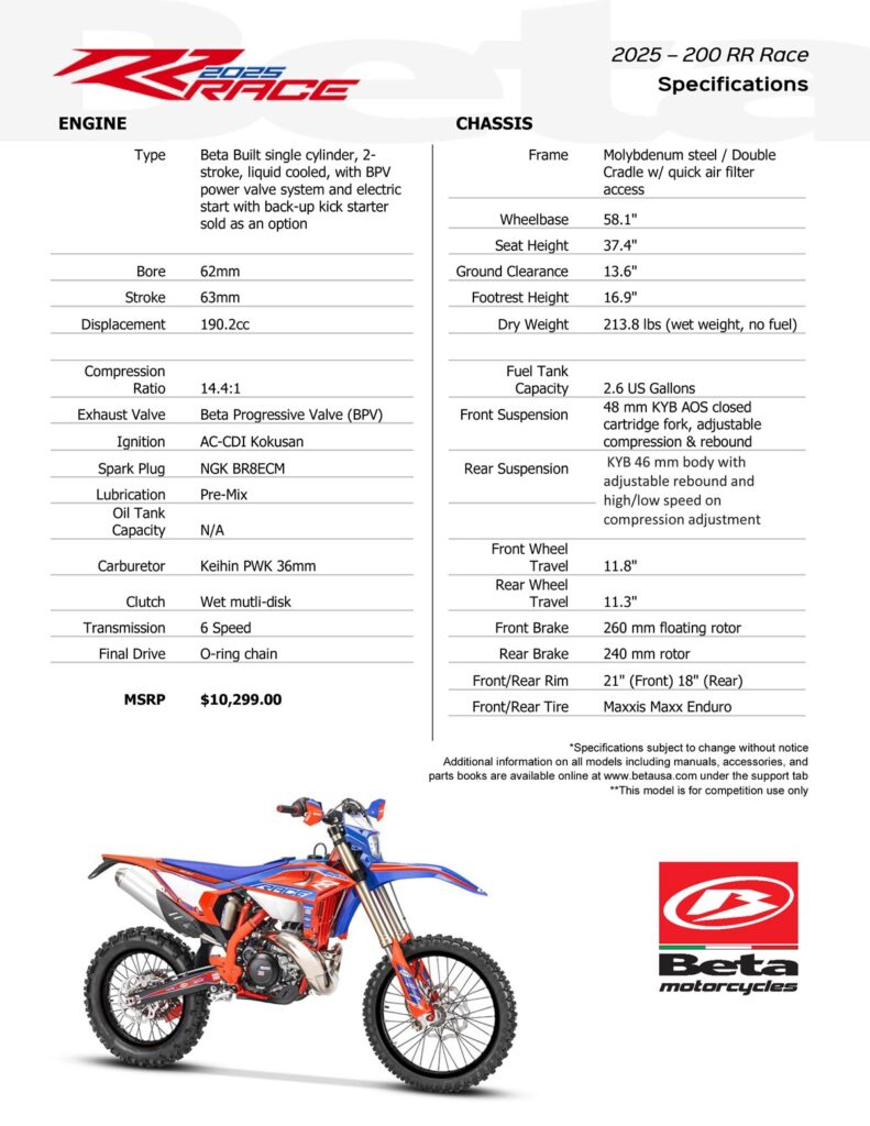 2025 Beta 200 RR Race 2-Stroke Specs