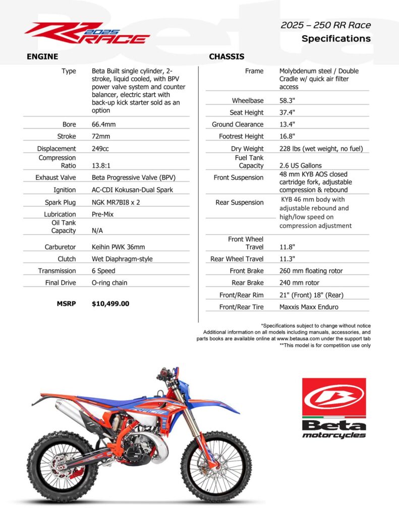 2025 Beta 250 RR Race 2-Stroke Specs