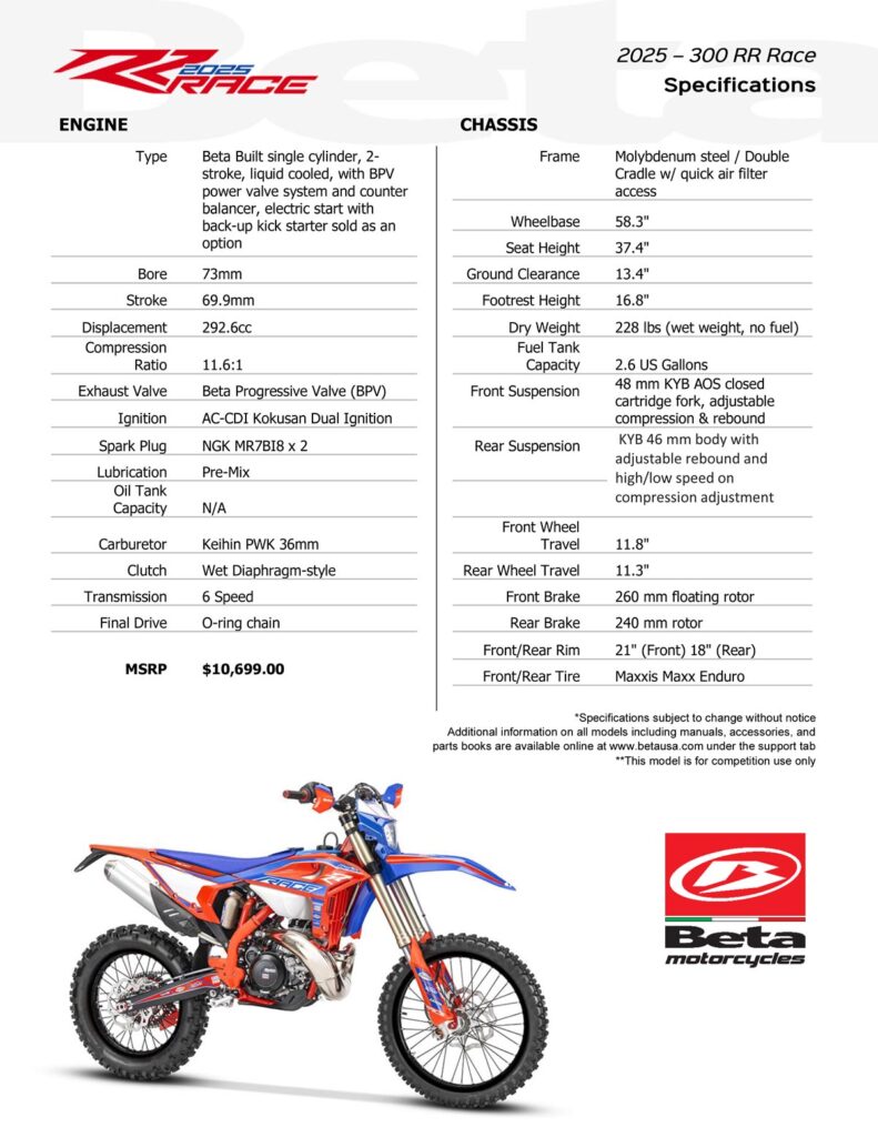 2025 Beta 300 RR Race 2-Stroke Specs