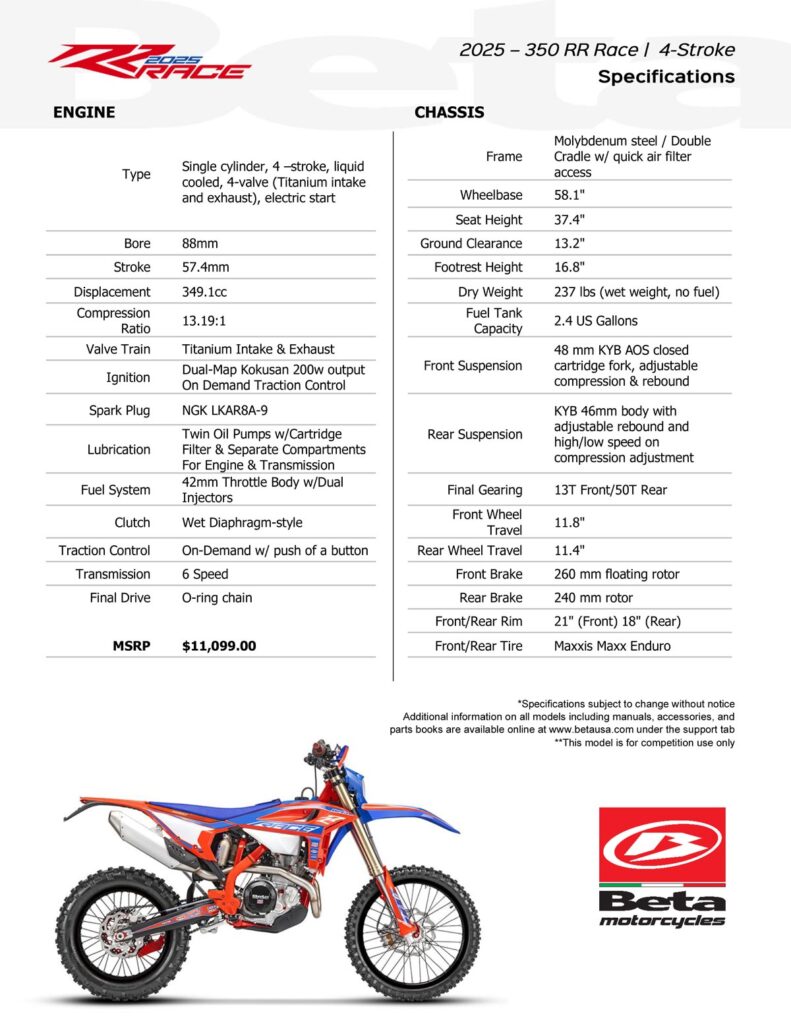 2025 Beta 350 RR Race Specs