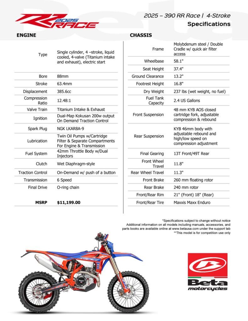 2025 Beta 390 RR Race-Specifications