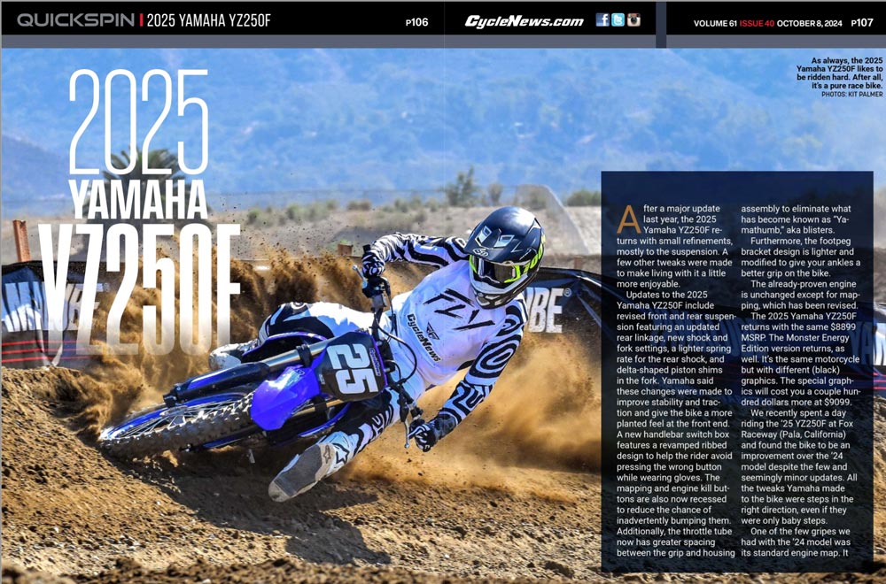 Cycle News Magazine 2025 Yamaha YZ250F Review