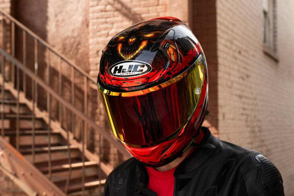 Rider wearing HJC RPHA 12 Diablo Blizzard Helmet