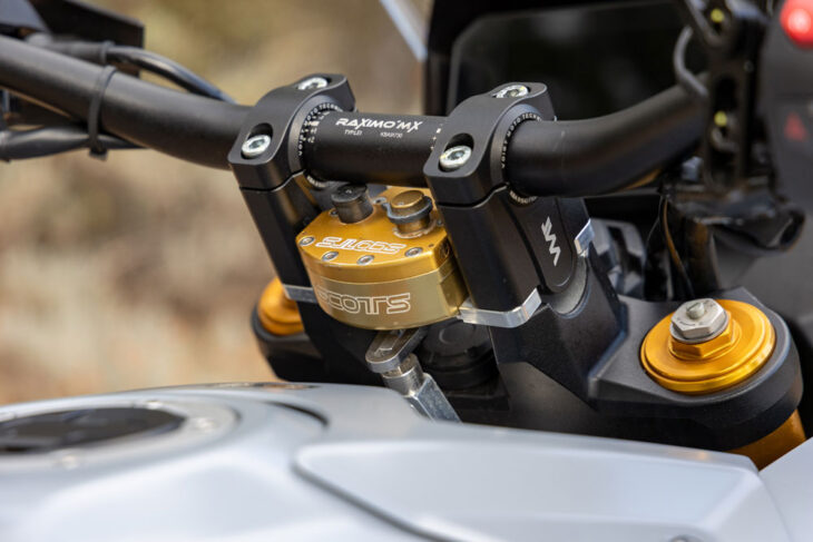 Suzuki V-Strom 800DE Project Build steering damper. Photo by Jean Turner